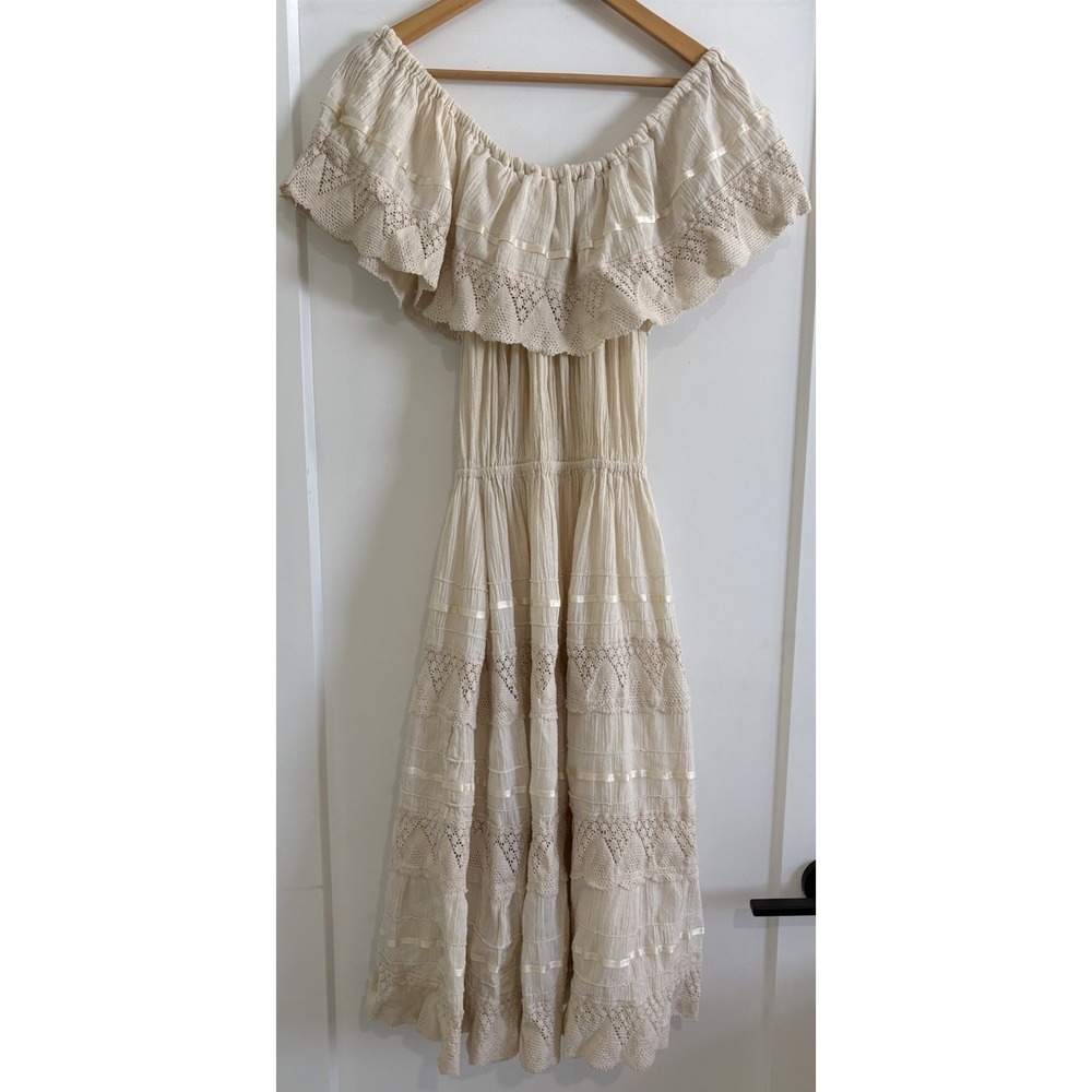 Vtg 70s Mexican Wedding Dress Off Shoulder Gauze Lace Tiered Peasant Boho XS SM - Picture 5 of 11